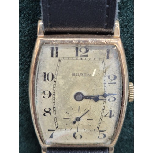 15 - Antique 9ct yellow gold gent's Buren wristwatch. In a working condition- may need a service. Comes w... 