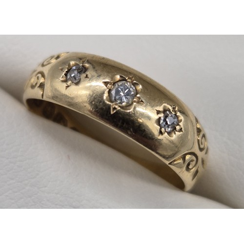 24 - Antique 18ct yellow gold ring set with three round cut diamond gem stones. [Ring size M] [2.96Grams]