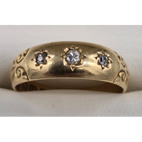 24 - Antique 18ct yellow gold ring set with three round cut diamond gem stones. [Ring size M] [2.96Grams]