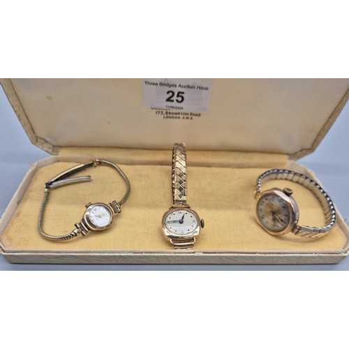 25 - A Lot of three antique 9ct gold cased cocktail watches. Technos Titan watch.