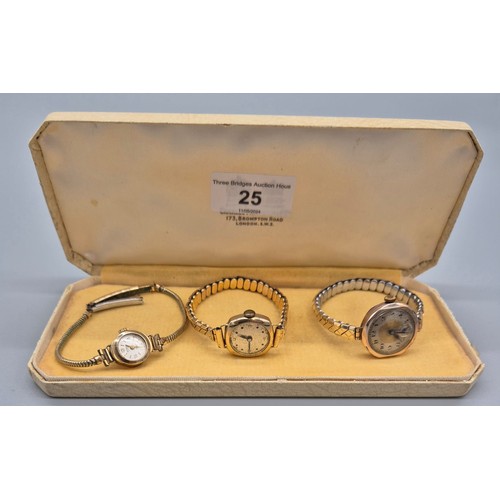 25 - A Lot of three antique 9ct gold cased cocktail watches. Technos Titan watch.