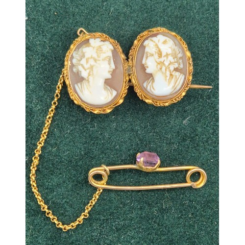 30 - Victorian 9ct yellow gold bar brooch set with a single round cut Amethyst gem stone. Together with a... 