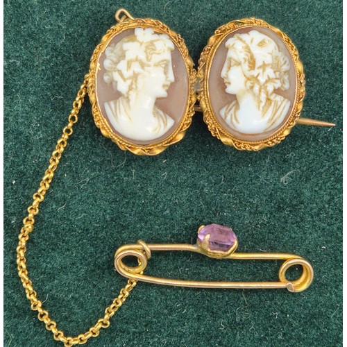 30 - Victorian 9ct yellow gold bar brooch set with a single round cut Amethyst gem stone. Together with a... 