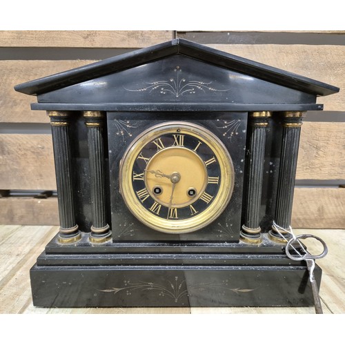 166 - Antique slate mantel clock, Comes with a key and pendulum. [Over wound] [27.5cm high]