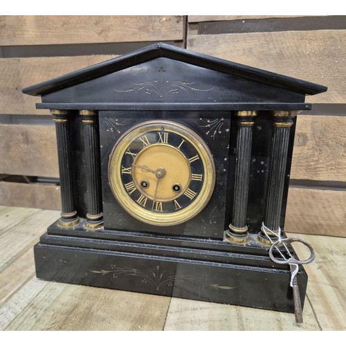 166 - Antique slate mantel clock, Comes with a key and pendulum. [Over wound] [27.5cm high]