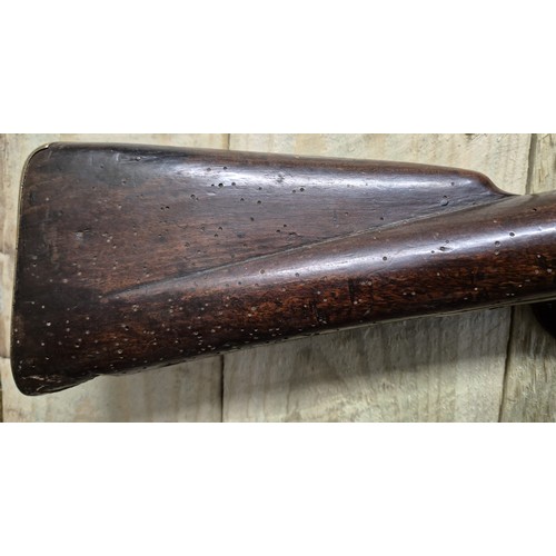 184 - 19th century military flint lock rifle. Stamped with crown GR. & TOWER. Mahogany body, steel barrel ... 