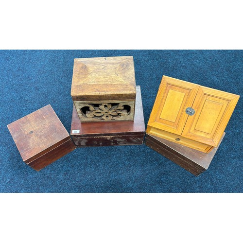 205 - A Selection of various antique and vintage boxes; Mexican pine storage box, Pine stationary box and ... 