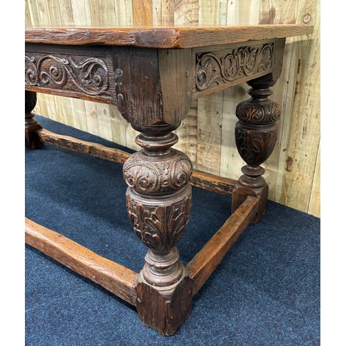 302 - 17th/ 18th century Solid oak Jacobean dining table. Rectangle top leading to carved under trim and r... 