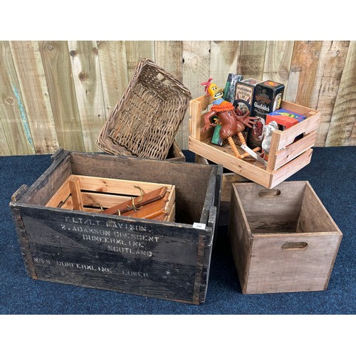 240 - A Selection of wooden crates, wicker basket, and various odds.