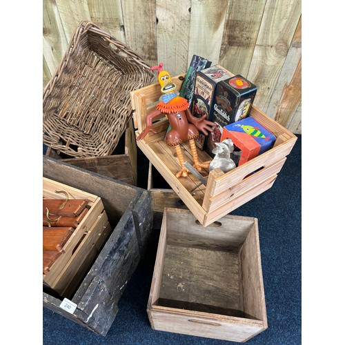 240 - A Selection of wooden crates, wicker basket, and various odds.