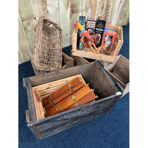 240 - A Selection of wooden crates, wicker basket, and various odds.