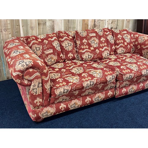 331 - Charnwood large sofa- showing coat of arms, Fleur De Lis and crown designs throughout. [78x254x122cm... 