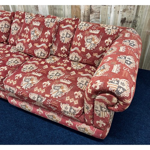 331 - Charnwood large sofa- showing coat of arms, Fleur De Lis and crown designs throughout. [78x254x122cm... 