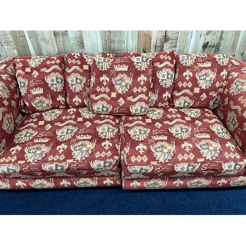 331 - Charnwood large sofa- showing coat of arms, Fleur De Lis and crown designs throughout. [78x254x122cm... 