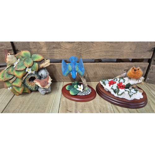 393 - Three Border Fine Arts bird sculptures; Winter Friend- Signed Ray Ayers, Wren & Brambles & Diving Ki... 