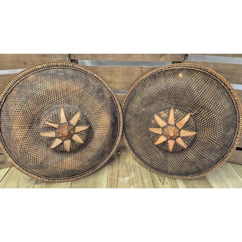 386 - Two Vintage Filipino Salakot woven Rattan & coconut fibre sun hats. [48cm diameter]