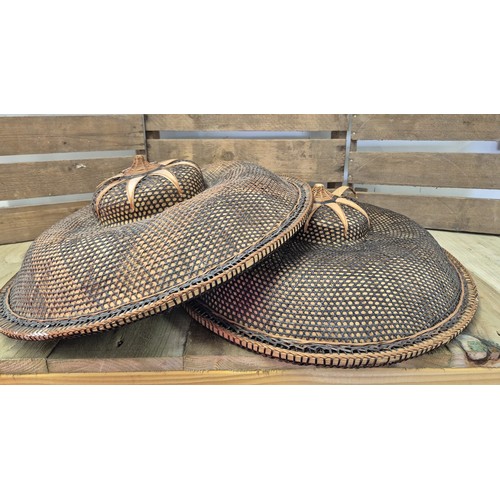 386 - Two Vintage Filipino Salakot woven Rattan & coconut fibre sun hats. [48cm diameter]