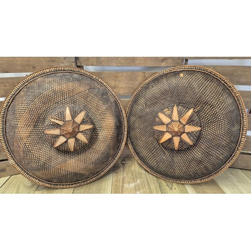 386 - Two Vintage Filipino Salakot woven Rattan & coconut fibre sun hats. [48cm diameter]