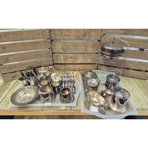 375 - Two trays of silver plated and E.P. Wares; Two Walker & Hall Birnam preserve pots with lids, various... 