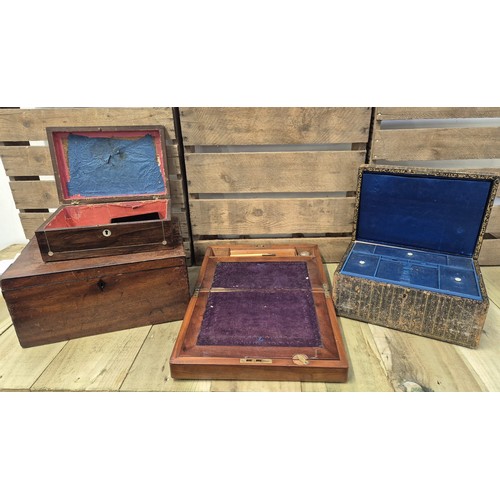 383 - Four various antique Jewellery and sewing boxes. Includes a mahogany writing slope.