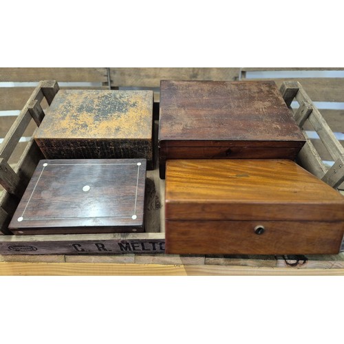 383 - Four various antique Jewellery and sewing boxes. Includes a mahogany writing slope.