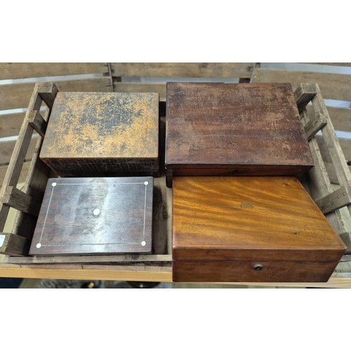 383 - Four various antique Jewellery and sewing boxes. Includes a mahogany writing slope.