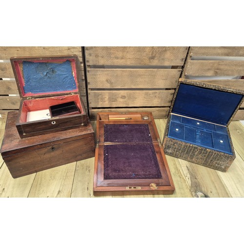 383 - Four various antique Jewellery and sewing boxes. Includes a mahogany writing slope.