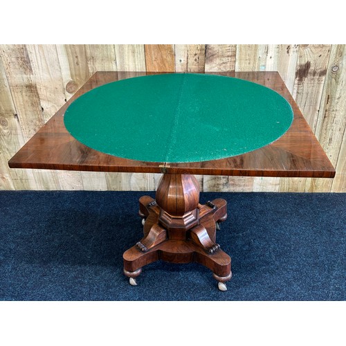 347 - 19th century Rosewood flip top games table. Rectangular top opening to a square and green round baiz... 