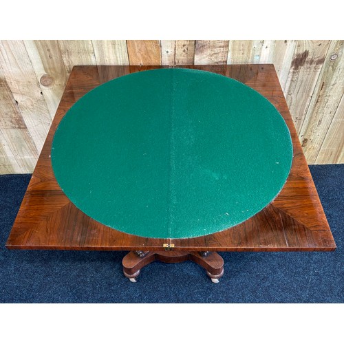 347 - 19th century Rosewood flip top games table. Rectangular top opening to a square and green round baiz... 