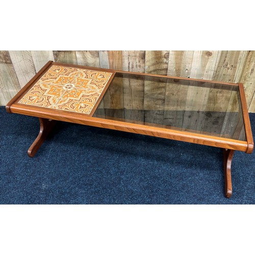 457 - Mid century G-Plan tile and black glass coffee table. [44x120x49cm]