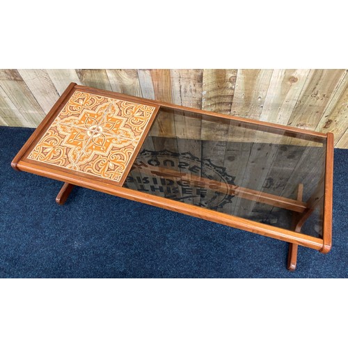 457 - Mid century G-Plan tile and black glass coffee table. [44x120x49cm]