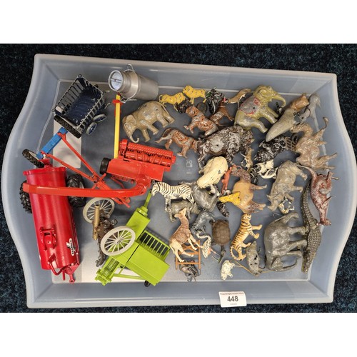 448 - Tray of Playworn lead zoo animals and farm equipment.