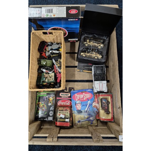 446 - Crate of collectables boxed and playworn models; James bond Gold plated car set, Captain Scarlett mo... 