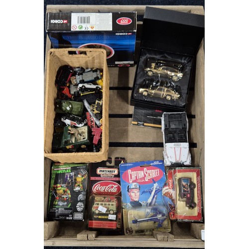 446 - Crate of collectables boxed and playworn models; James bond Gold plated car set, Captain Scarlett mo... 