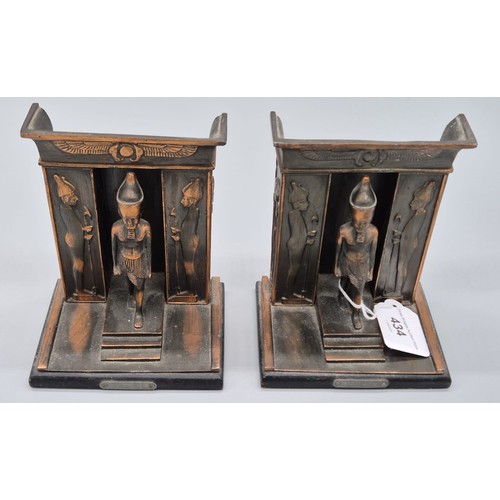 434 - A Pair of Egyptian Bronze figural bookends. Showing various Hieroglyphics, Sat upon two wooden bases... 