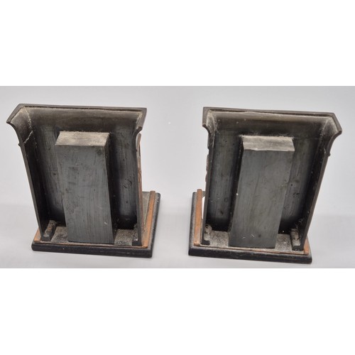 434 - A Pair of Egyptian Bronze figural bookends. Showing various Hieroglyphics, Sat upon two wooden bases... 