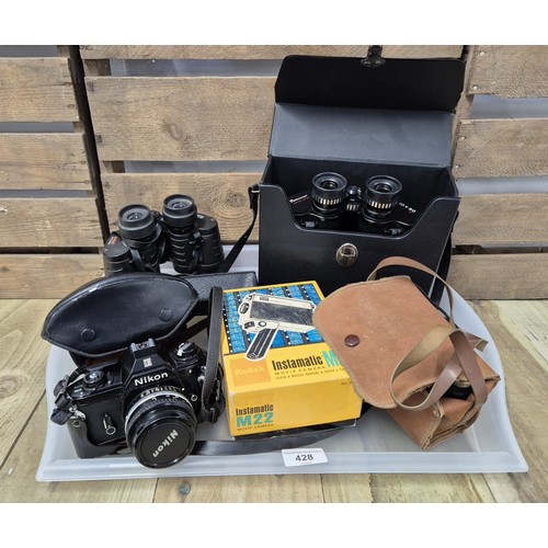 428 - Tray of cameras and binoculars; Nikon EM Camera, Brownie camera, Pathescope 10x50 binoculars and Ins... 