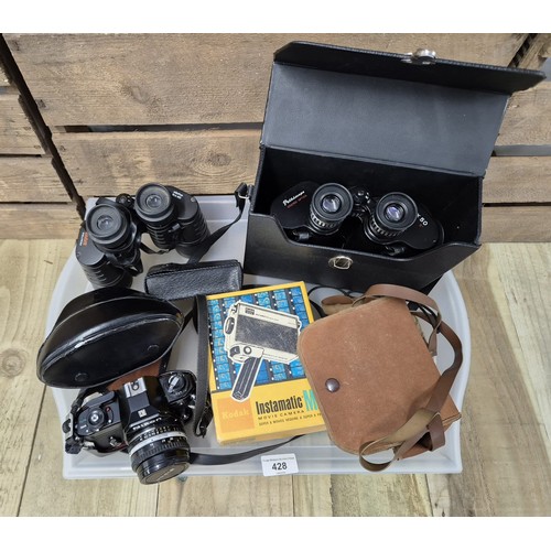 428 - Tray of cameras and binoculars; Nikon EM Camera, Brownie camera, Pathescope 10x50 binoculars and Ins... 