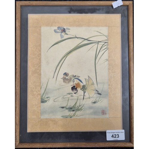 423 - Antique Japanese silk watercolour depicting ducks on water. Signed. [Frame 31x25.5cm]