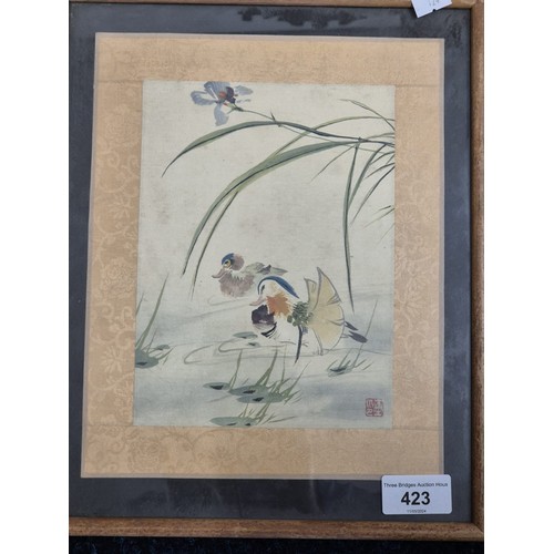 423 - Antique Japanese silk watercolour depicting ducks on water. Signed. [Frame 31x25.5cm]