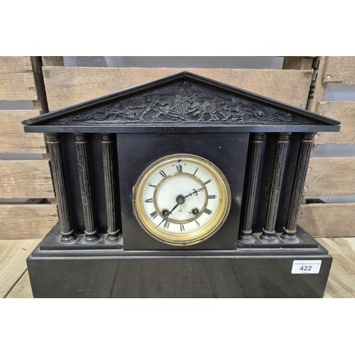 422 - Victorian slate mantel clock. Greek panel and column design.