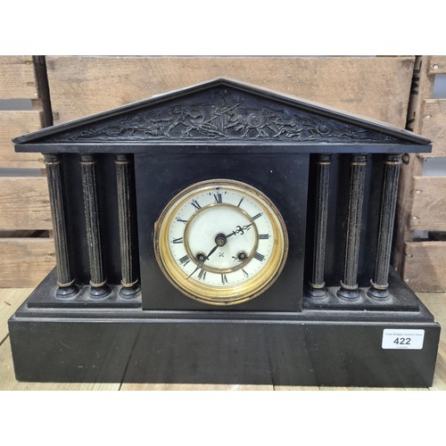 422 - Victorian slate mantel clock. Greek panel and column design.