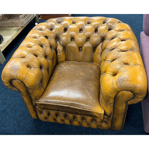 357 - Mustard Chesterfield button back club chair. [Left Castor needs attentions]