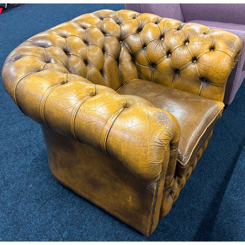 357 - Mustard Chesterfield button back club chair. [Left Castor needs attentions]