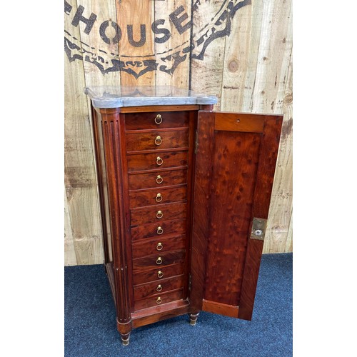 348 - Mahogany collectors cabinet with shaped marble top from the Victorian era. The panelled sides and fr... 