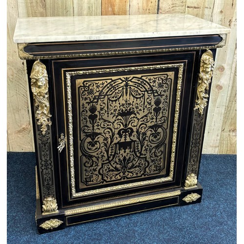 344 - Victorian pier cabinet with Carrara white marble top. The front has is decorated with brass inlay th... 