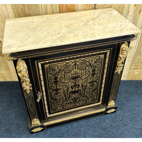 344 - Victorian pier cabinet with Carrara white marble top. The front has is decorated with brass inlay th... 