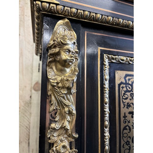 344 - Victorian pier cabinet with Carrara white marble top. The front has is decorated with brass inlay th... 