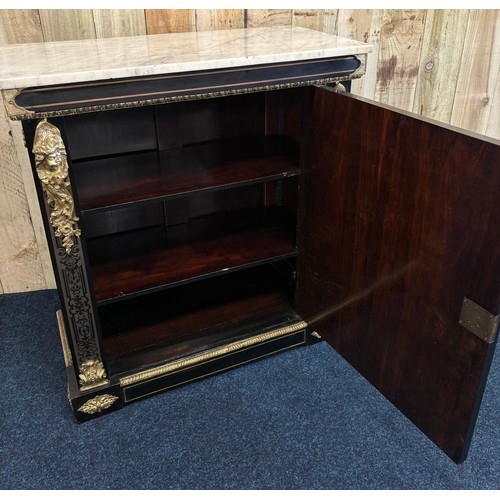 344 - Victorian pier cabinet with Carrara white marble top. The front has is decorated with brass inlay th... 