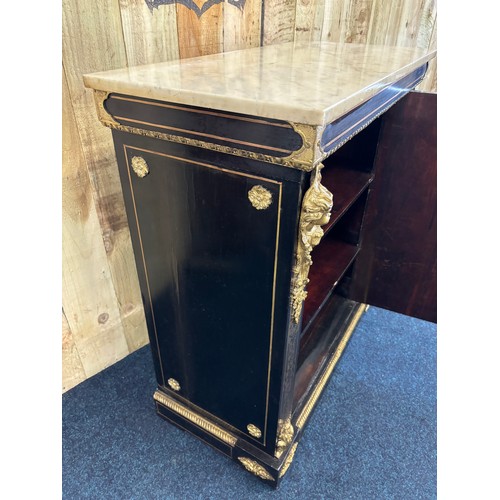 344 - Victorian pier cabinet with Carrara white marble top. The front has is decorated with brass inlay th... 